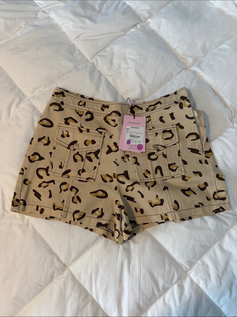 Avec Les Filles Tan Leopard-Print Utility Denim Shorts
